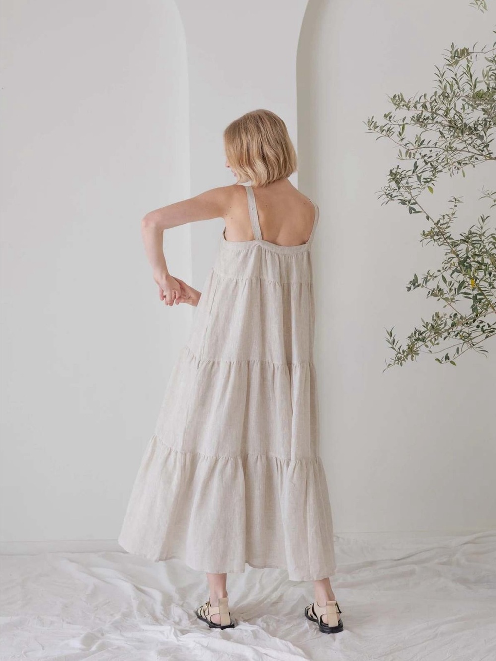 Anthropologie Laude The Label Strappy Tiered Natural Linen Maxi Dress Size XS - Picture 3 of 15